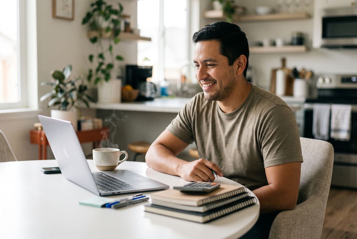 Hombre sonriendo tranquilo frente a su laptop (imagen ilustrativa)